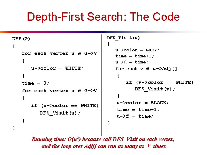 Depth-First Search: The Code DFS(G) { for each vertex u G->V { u->color =