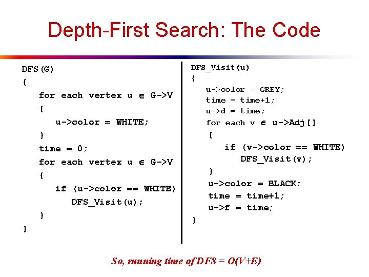 Depth-First Search: The Code DFS(G) { for each vertex u G->V { u->color =