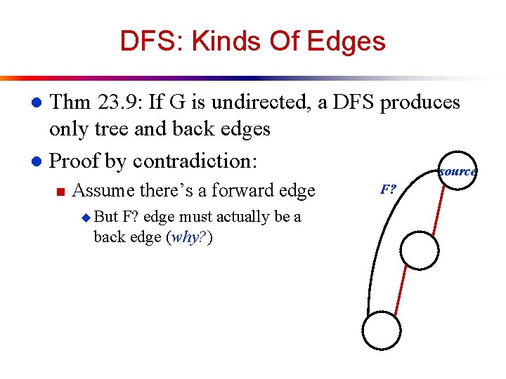 DFS: Kinds Of Edges Thm 23. 9: If G is undirected, a DFS produces
