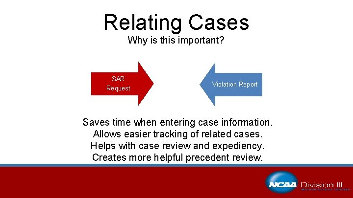 Relating Cases Why is this important? SAR Request Violation Report Saves time when entering