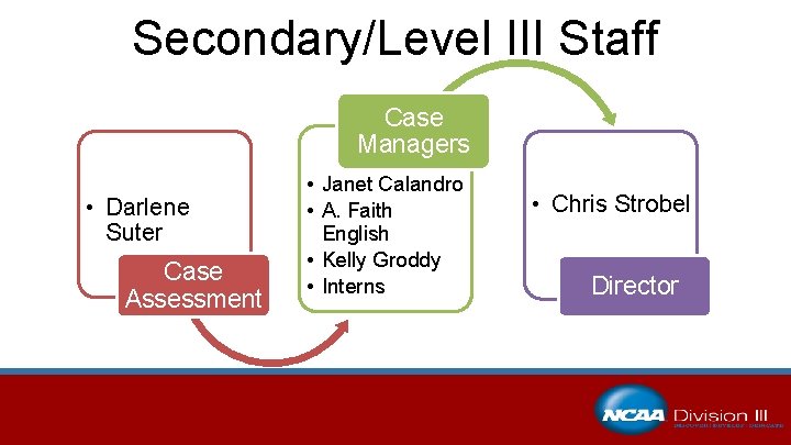 Secondary/Level III Staff Case Managers • Darlene Suter Case Assessment • Janet Calandro •