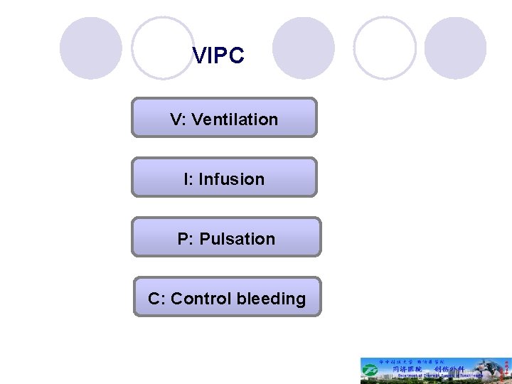 VIPC V: Ventilation I: Infusion P: Pulsation C: Control bleeding 
