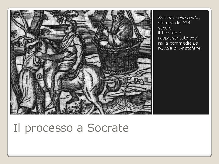 Socrate nella cesta, stampa del XVI secolo: il filosofo è rappresentato così nella commedia