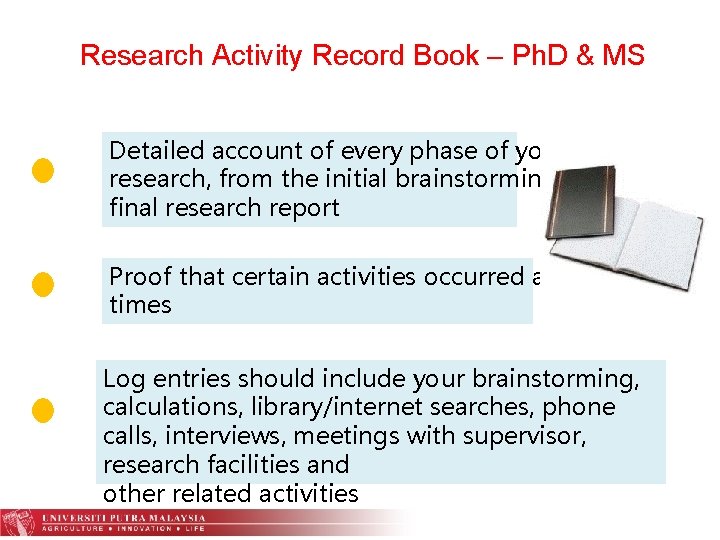 Research Activity Record Book – Ph. D & MS Detailed account of every phase