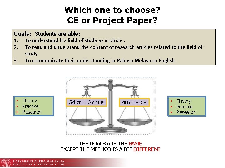 Which one to choose? CE or Project Paper? Goals: Students are able; 1. To