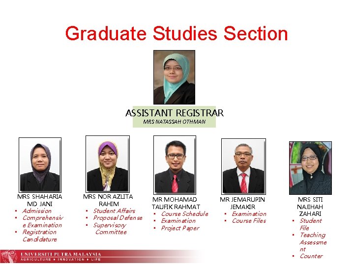 Graduate Studies Section ASSISTANT REGISTRAR MRS NATASSAH OTHMAN MRS SHAHARIA MD JANI • Admission