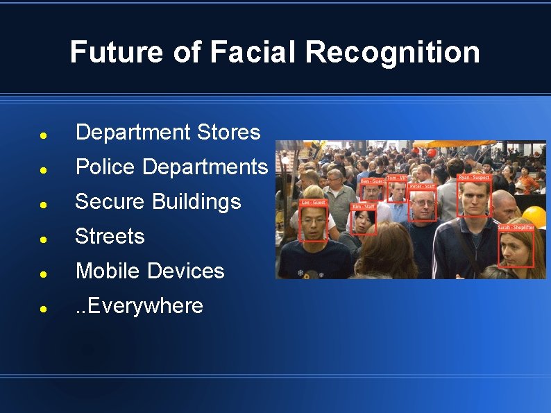 Future of Facial Recognition Department Stores Police Departments Secure Buildings Streets Mobile Devices .