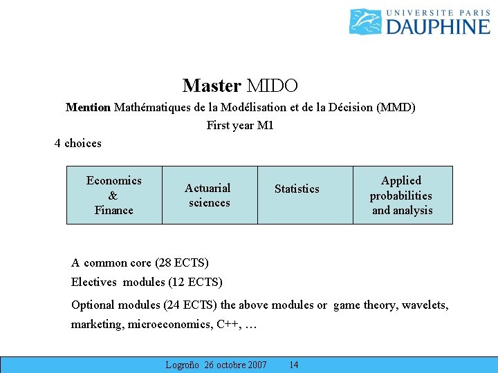 Master MIDO Mention Mathématiques de la Modélisation et de la Décision (MMD) First year Master MIDO Mention Mathématiques de la Modélisation et de la Décision (MMD) First year