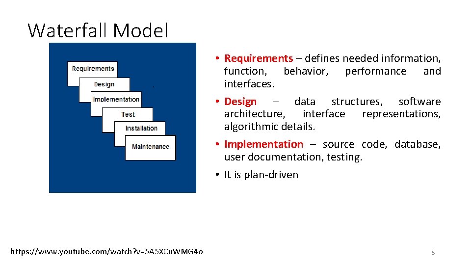 Waterfall Model • Requirements – defines needed information, function, behavior, performance and interfaces. • Waterfall Model • Requirements – defines needed information, function, behavior, performance and interfaces. •