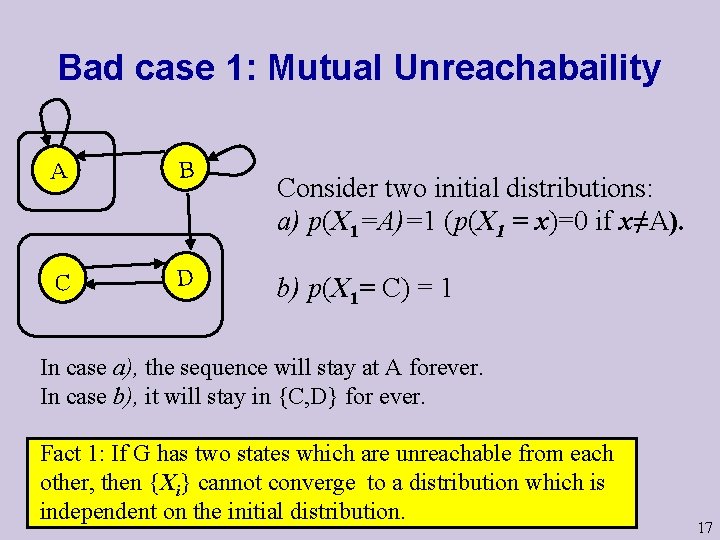 Bad case 1: Mutual Unreachabaility A B C D Consider two initial distributions: a)
