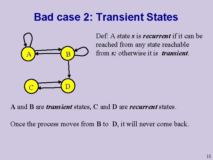 Bad case 2: Transient States A B C D Def: A state s is