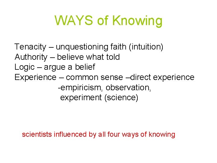 WAYS of Knowing Tenacity – unquestioning faith (intuition) Authority – believe what told Logic