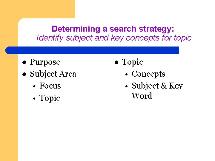 Determining a search strategy: Identify subject and key concepts for topic l l Purpose