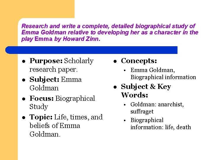 Research and write a complete, detailed biographical study of Emma Goldman relative to developing