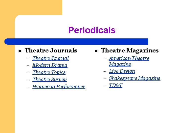 Periodicals l Theatre Journals – – – Theatre Journal Modern Drama Theatre Topics Theatre