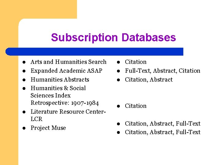 Subscription Databases l l l Arts and Humanities Search Expanded Academic ASAP Humanities Abstracts