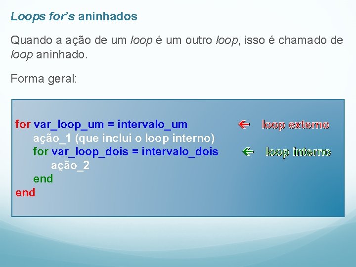 Loops for’s aninhados Quando a ação de um loop é um outro loop, isso