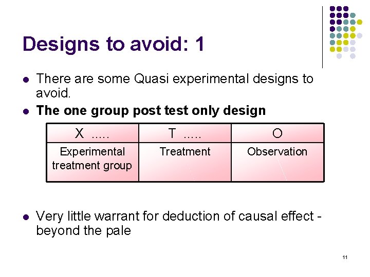 Designs to avoid: 1 l l l There are some Quasi experimental designs to