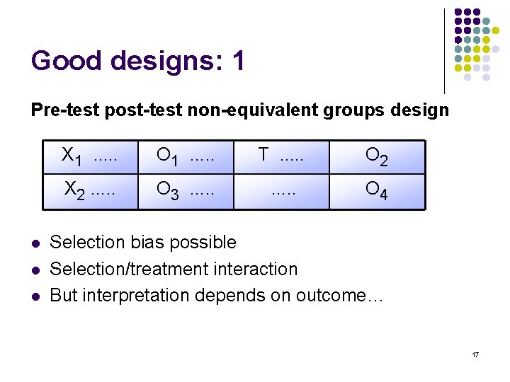 Good designs: 1 Pre-test post-test non-equivalent groups design l l l X 1. .