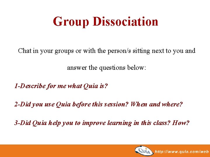 Group Dissociation Chat in your groups or with the person/s sitting next to you Group Dissociation Chat in your groups or with the person/s sitting next to you