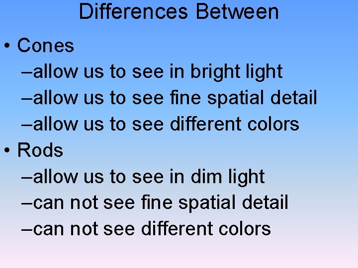 Differences Between • Cones –allow us to see in bright light –allow us to