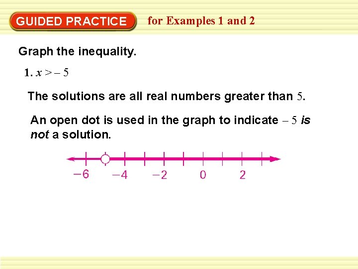 GUIDED PRACTICE for Examples 1 and 2 Graph the inequality. 1. x > –