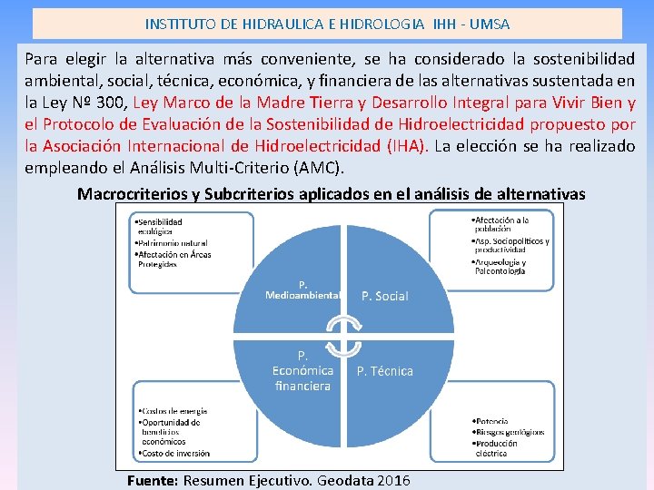 INSTITUTO DE HIDRAULICA E HIDROLOGIA IHH - UMSA Para elegir la alternativa más conveniente, INSTITUTO DE HIDRAULICA E HIDROLOGIA IHH - UMSA Para elegir la alternativa más conveniente,