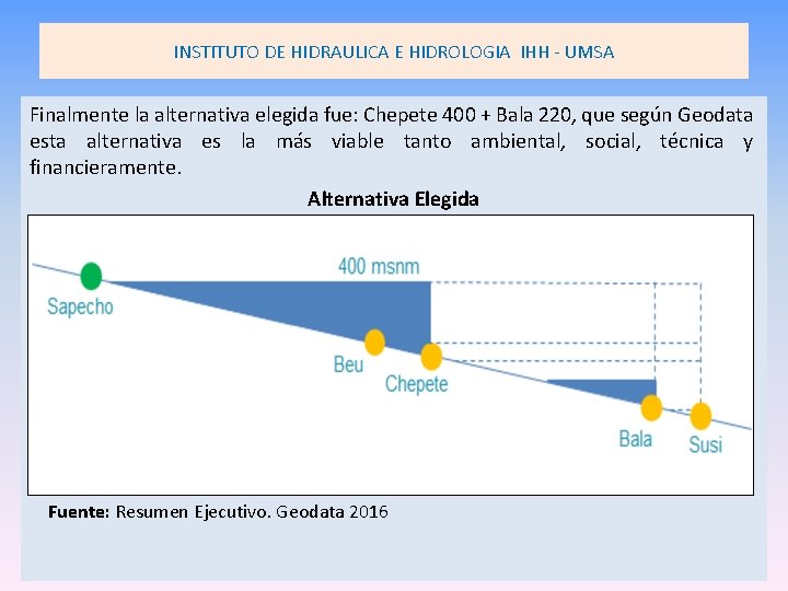 INSTITUTO DE HIDRAULICA E HIDROLOGIA IHH - UMSA Finalmente la alternativa elegida fue: Chepete INSTITUTO DE HIDRAULICA E HIDROLOGIA IHH - UMSA Finalmente la alternativa elegida fue: Chepete