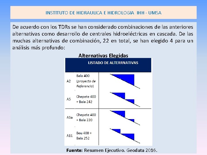 INSTITUTO DE HIDRAULICA E HIDROLOGIA IHH - UMSA De acuerdo con los TDRs se INSTITUTO DE HIDRAULICA E HIDROLOGIA IHH - UMSA De acuerdo con los TDRs se