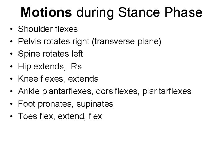 Motions during Stance Phase • • Shoulder flexes Pelvis rotates right (transverse plane) Spine