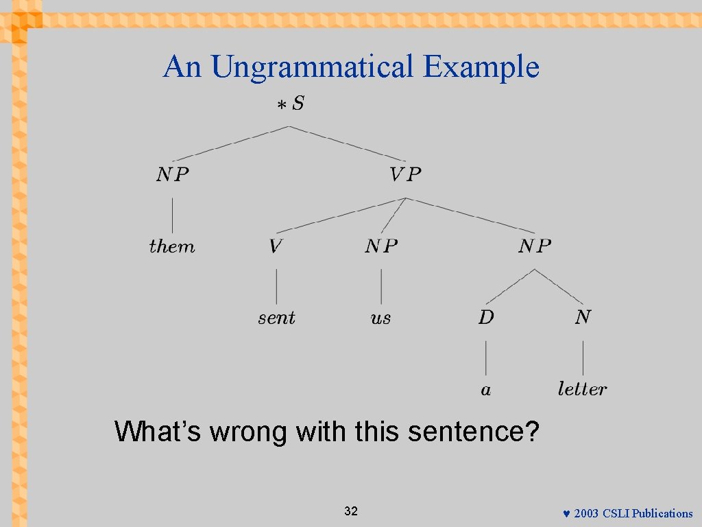 An Ungrammatical Example What’s wrong with this sentence? 32 © 2003 CSLI Publications 
