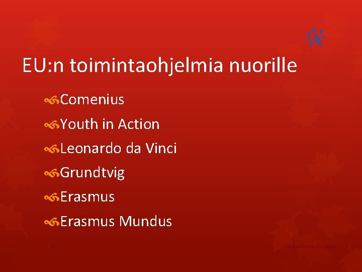 EU: n toimintaohjelmia nuorille Comenius Youth in Action Leonardo da Vinci Grundtvig Erasmus Mundus