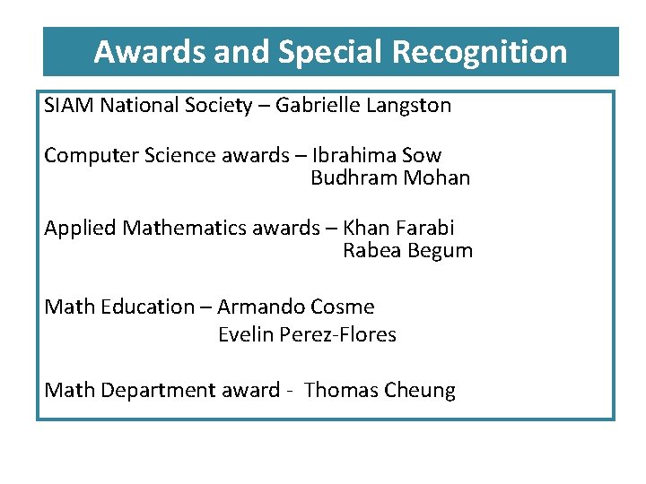 Awards and Special Recognition SIAM National Society – Gabrielle Langston Computer Science awards –