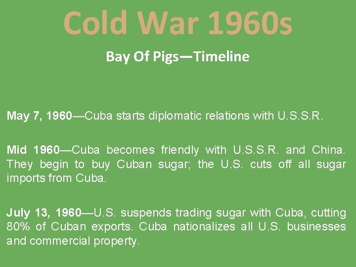 Cold War 1960 s Bay Of Pigs—Timeline May 7, 1960—Cuba starts diplomatic relations with