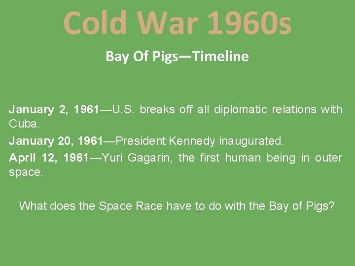 Cold War 1960 s Bay Of Pigs—Timeline January 2, 1961—U. S. breaks off all