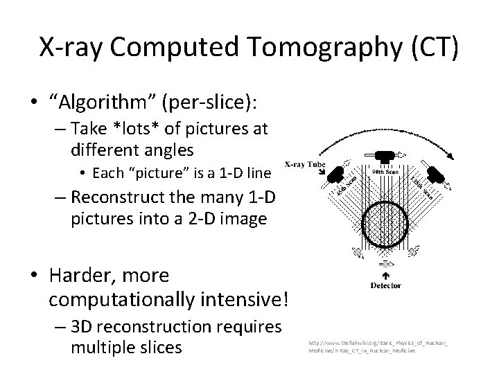 X-ray Computed Tomography (CT) • “Algorithm” (per-slice): – Take *lots* of pictures at different