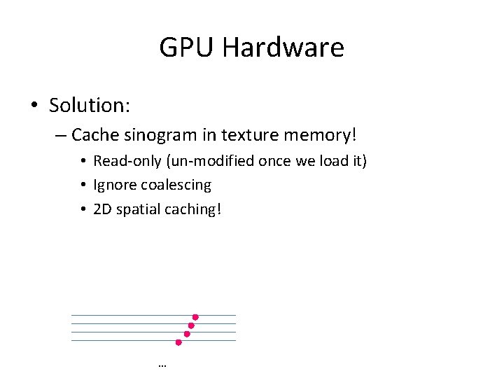 GPU Hardware • Solution: – Cache sinogram in texture memory! • Read-only (un-modified once