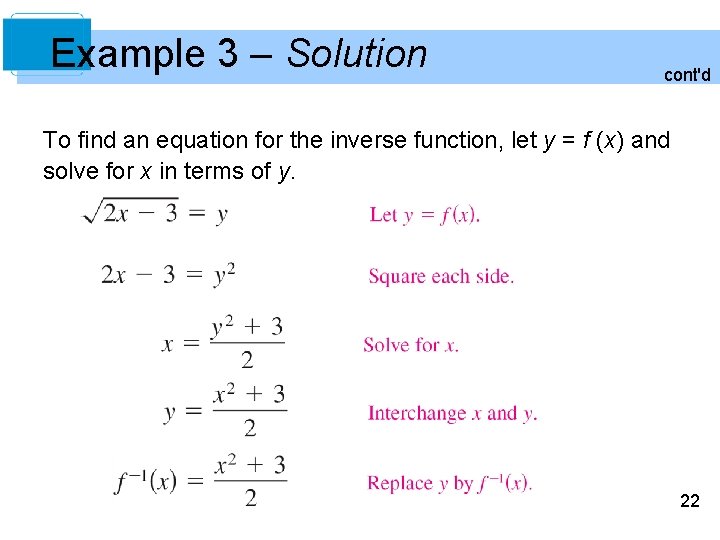 Example 3 – Solution cont'd To find an equation for the inverse function, let