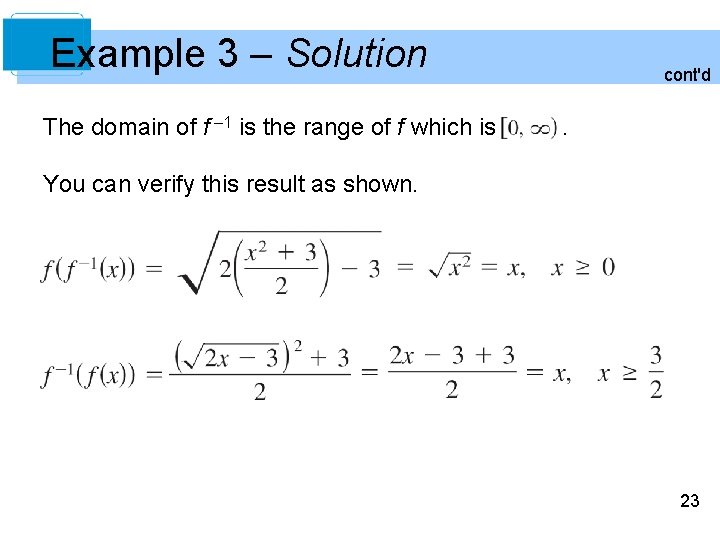 Example 3 – Solution The domain of f – 1 is the range of