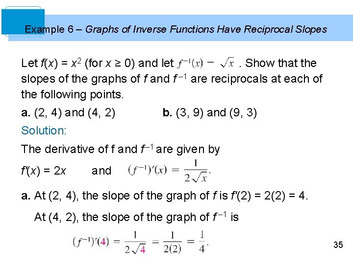Example 6 – Graphs of Inverse Functions Have Reciprocal Slopes Let f(x) = x
