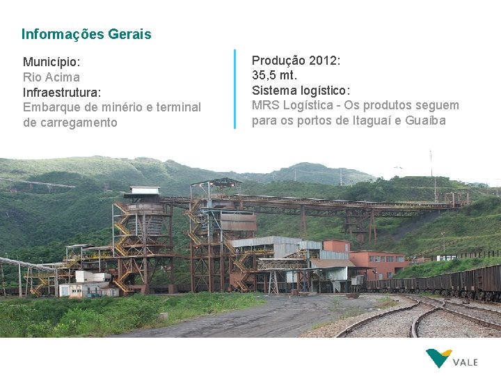 Informações Gerais Município: Rio Acima Infraestrutura: Embarque de minério e terminal de carregamento Produção