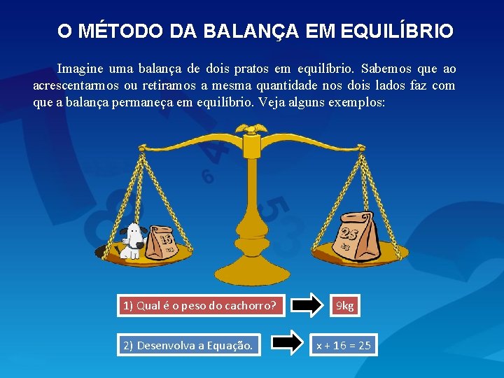 O MÉTODO DA BALANÇA EM EQUILÍBRIO Imagine uma balança de dois pratos em equilíbrio.