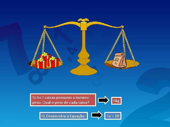 5) As 3 caixas possuem o mesmo peso. Qual o peso de cada caixa?