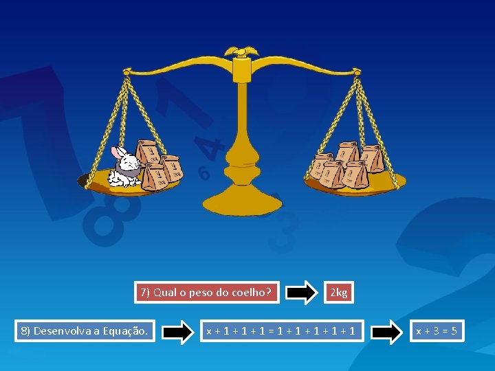 7) Qual o peso do coelho? 8) Desenvolva a Equação. 2 kg x+1+1+1=1+1+1 x+3=5