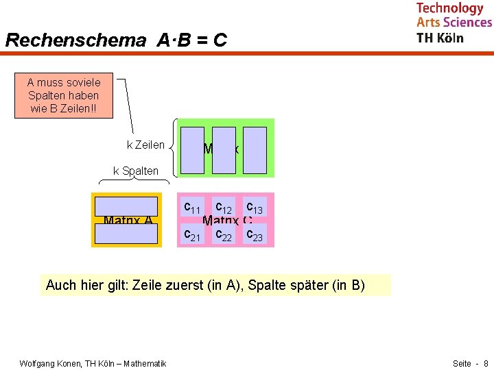 Rechenschema A·B = C A muss soviele Spalten haben wie B Zeilen!! k Zeilen