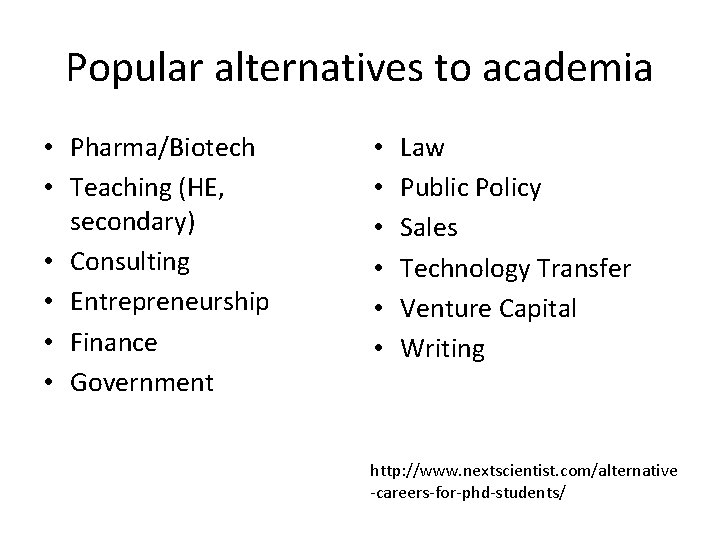 Popular alternatives to academia • Pharma/Biotech • Teaching (HE, secondary) • Consulting • Entrepreneurship
