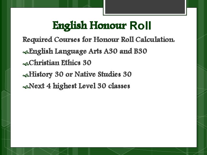 English Honour Roll Required Courses for Honour Roll Calculation: English Language Arts A 30