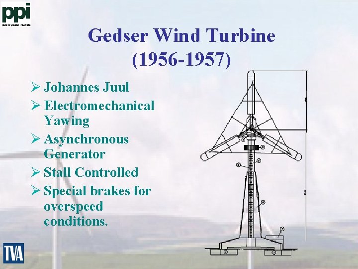 Gedser Wind Turbine (1956 -1957) Ø Johannes Juul Ø Electromechanical Yawing Ø Asynchronous Generator