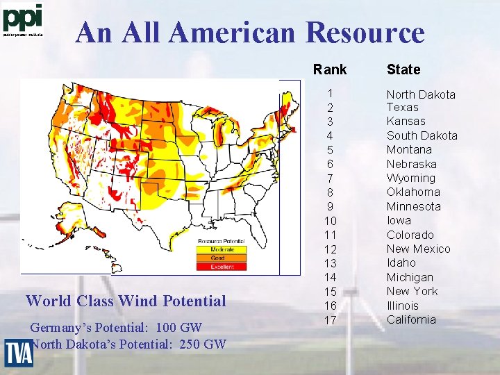 An All American Resource Rank World Class Wind Potential Germany’s Potential: 100 GW North