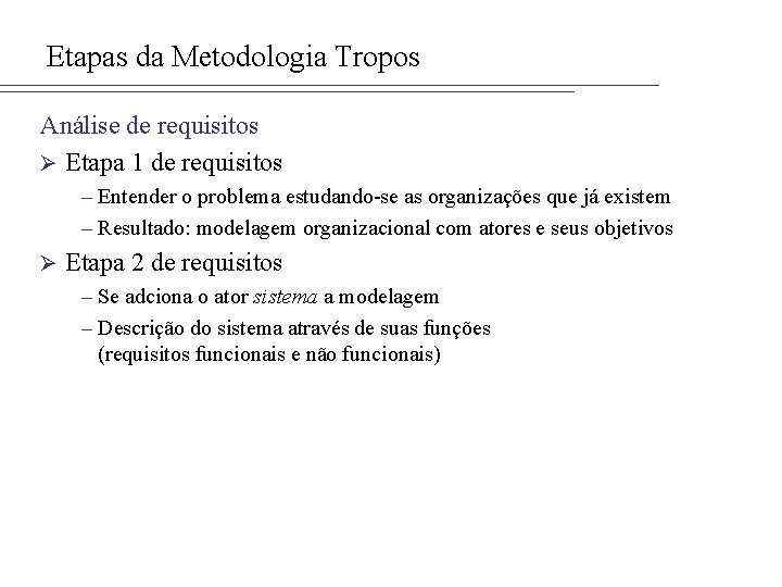Etapas da Metodologia Tropos Análise de requisitos Ø Etapa 1 de requisitos – Entender